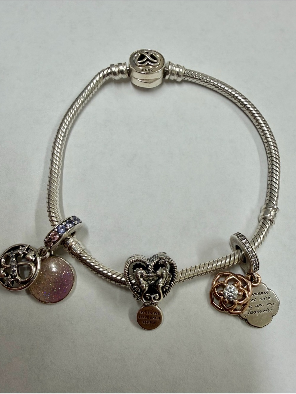 Pandora Silver Charm Bracelet with Pink and Rose Gold Accents